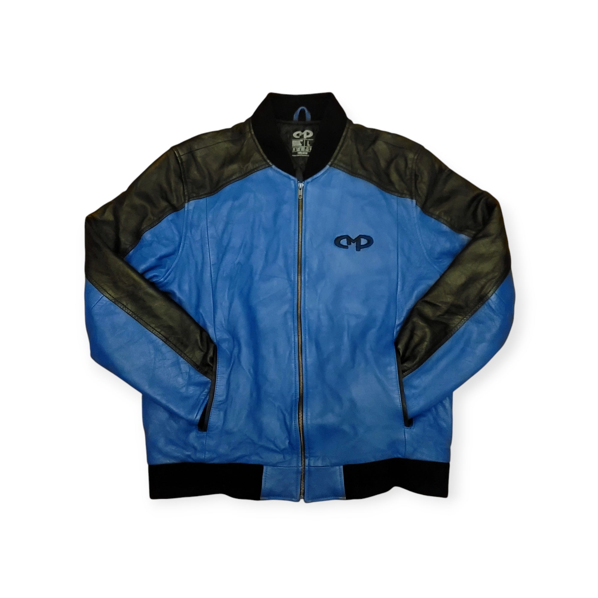 CMP ROYAL BLUE AND BLACK GOD EYE CROSS LEATHER JACKET