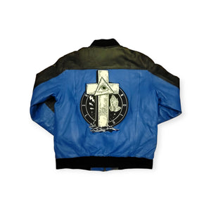 CMP ROYAL BLUE AND BLACK GOD EYE CROSS LEATHER JACKET